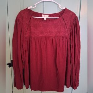 Style & Co. Women's 100% Cotton Burgundy Long Sleeve Blouse